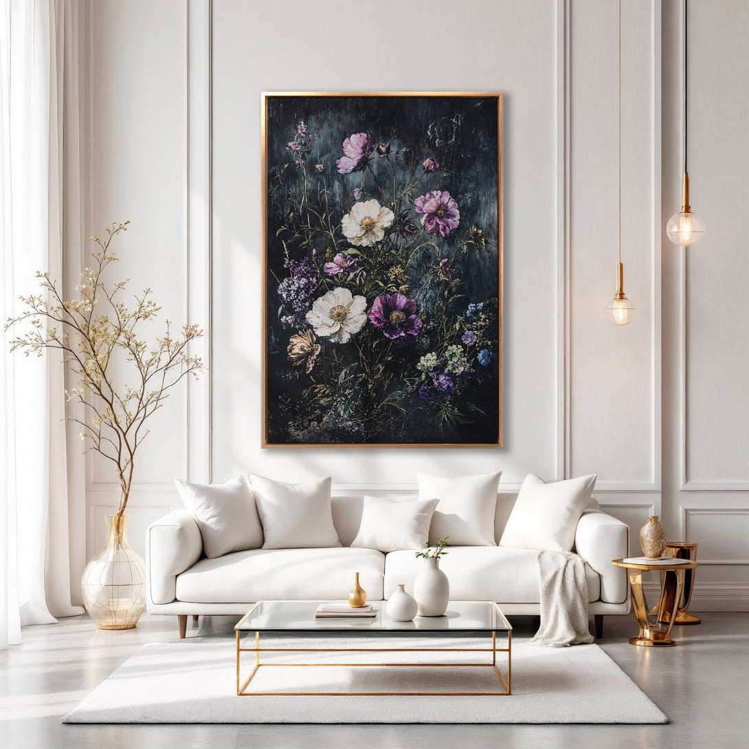 Framed Wall Art featuring a floral painting with a dark, moody background. The color palette includes purple, white, and green, perfect for adding elegance to your home.