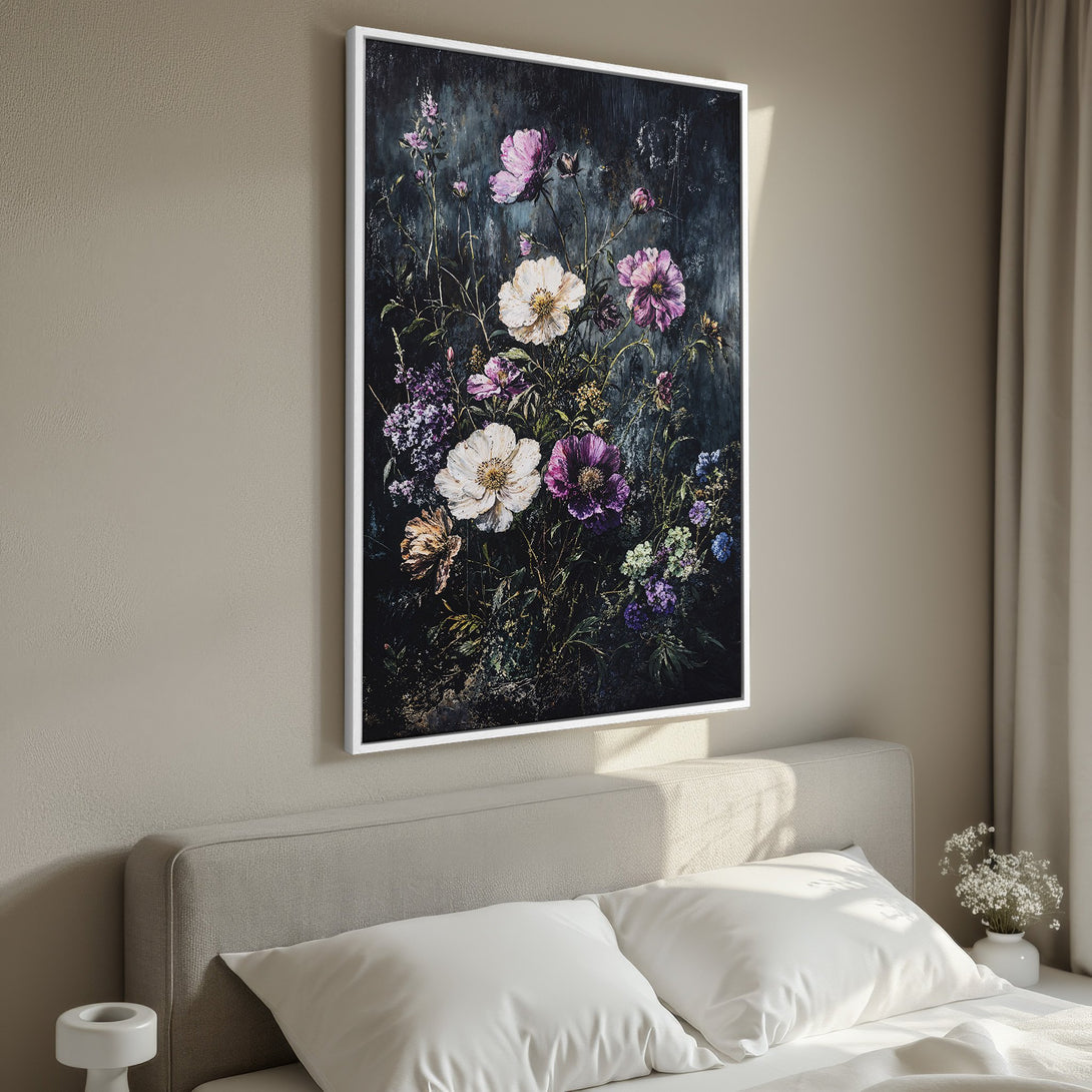 Framed Wall Art featuring floral artwork in a dark, moody style with a palette of purple, white, and green. Perfect for bedroom decor.