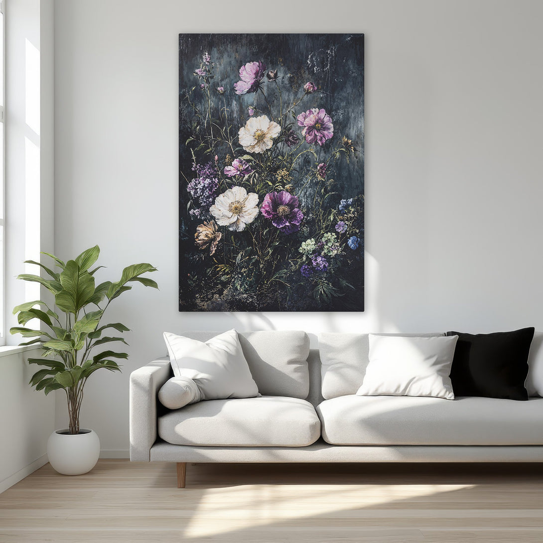 Framed Wall Art featuring a floral painting with a dark, moody background. The canvas print showcases a vibrant palette of purple, white, and green flowers.