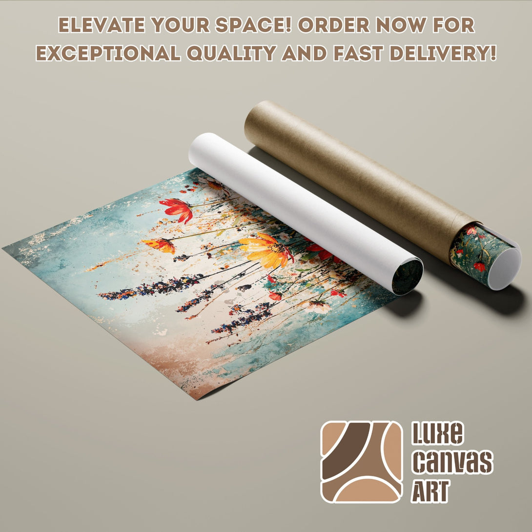Floral art Poster Roll, featuring vibrant blooms in a watercolor style with a blue, red, and yellow color palette. Elevate your space!