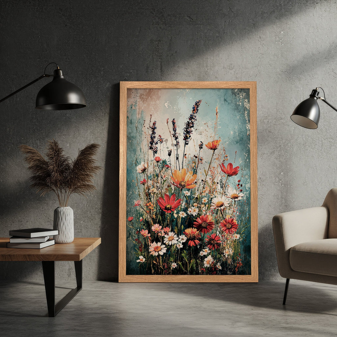 Framed Poster featuring vibrant floral art in a painterly style with a warm, earthy color palette. Perfect wall decor!