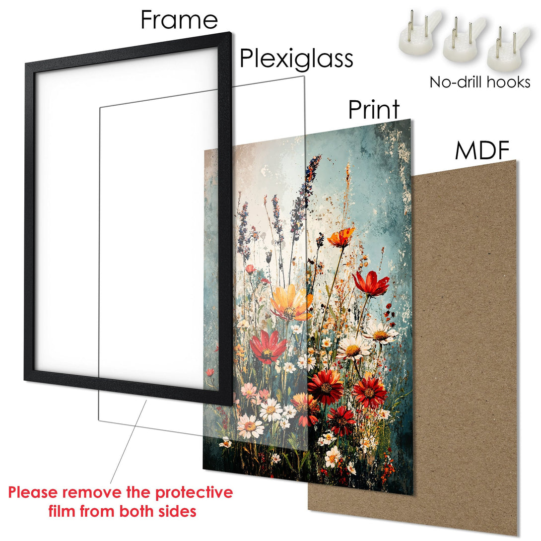 Framed Poster of vibrant floral art in a painterly style with a teal and warm color palette, ready to hang.