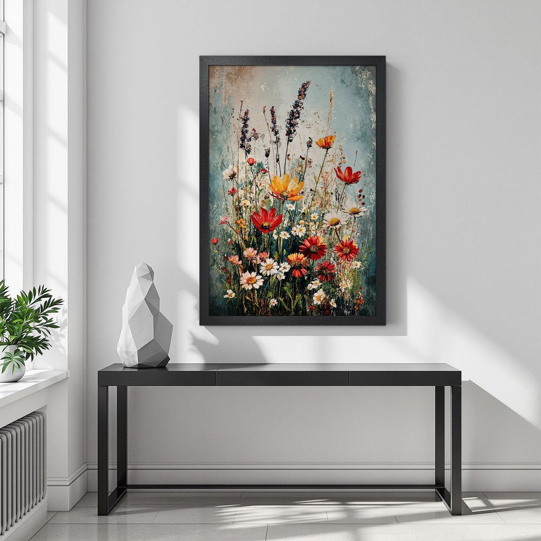 Framed Poster featuring vibrant floral art with a teal and warm-toned color palette. Perfect for adding a touch of nature to your space.