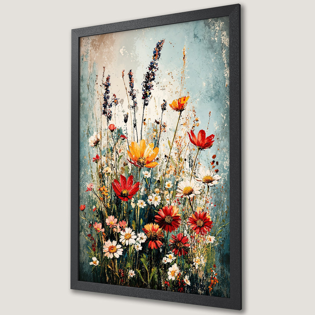 Framed Poster featuring vibrant wildflowers in a textured, impressionistic style with a blue, red, and yellow color palette. Perfect wall art!
