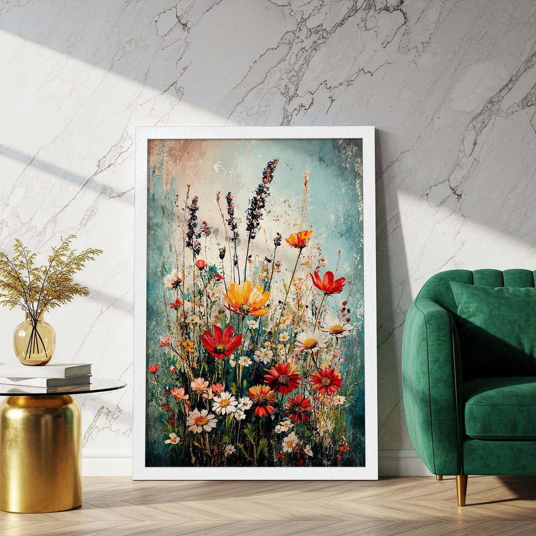 Framed Poster featuring vibrant floral artwork in a painterly style with a colorful palette of red, yellow, and blue. Add art to your home!