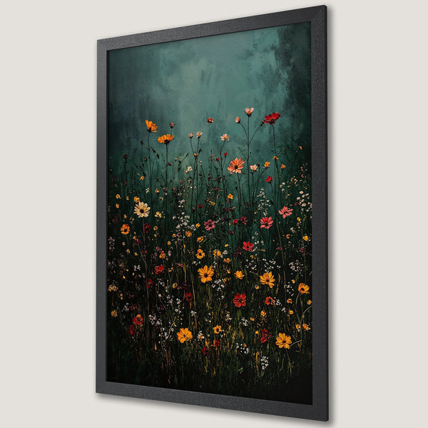 Framed Poster featuring wildflowers in a painterly style with a teal background and warm color palette. Perfect wall art for your home!