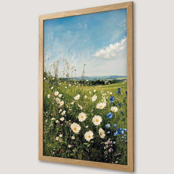 Framed Poster of a vibrant wildflower meadow under a blue sky. Serene landscape art with a natural, colorful palette. Perfect wall decor.