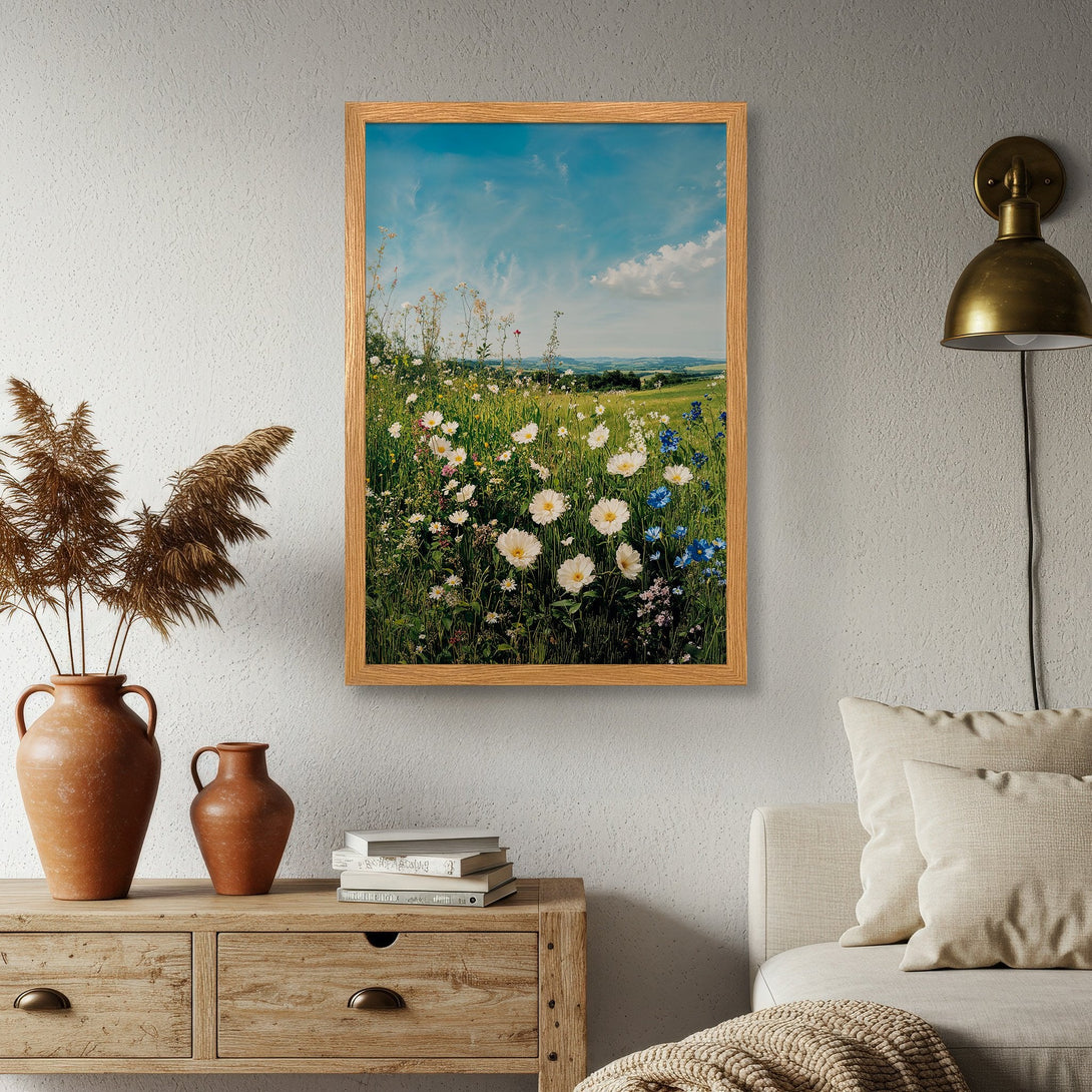 Framed Poster of a wildflower meadow with a blue sky. Rustic style, warm color palette. Bring nature's beauty into your home!