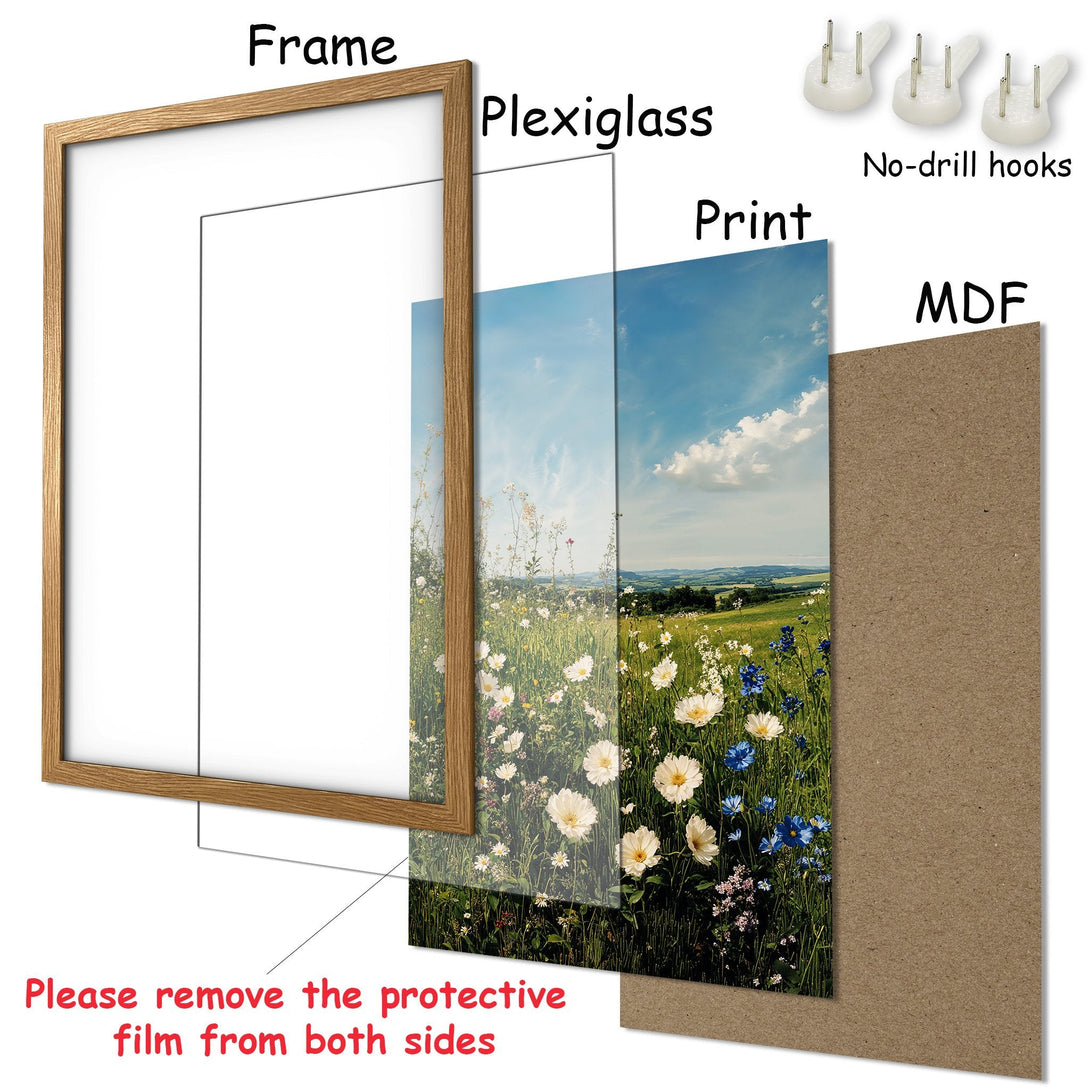 Framed Poster featuring a serene meadow scene with a blue and green color palette. Add this beautiful art print to your home!