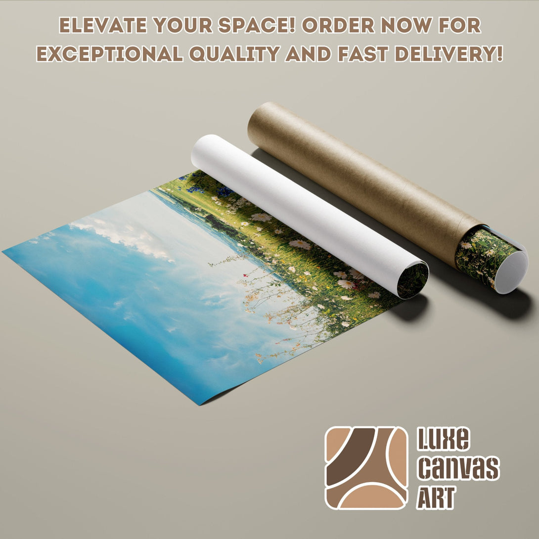 Poster Roll featuring a landscape with blue sky and flowers, natural tones.