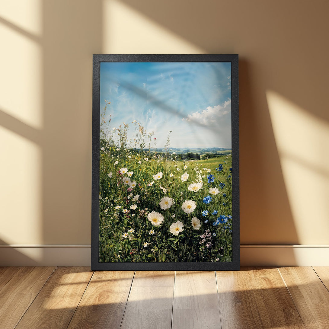 Framed Poster featuring a vibrant meadow scene with white and blue wildflowers under a blue sky. Nature-inspired art with a calming color palette.