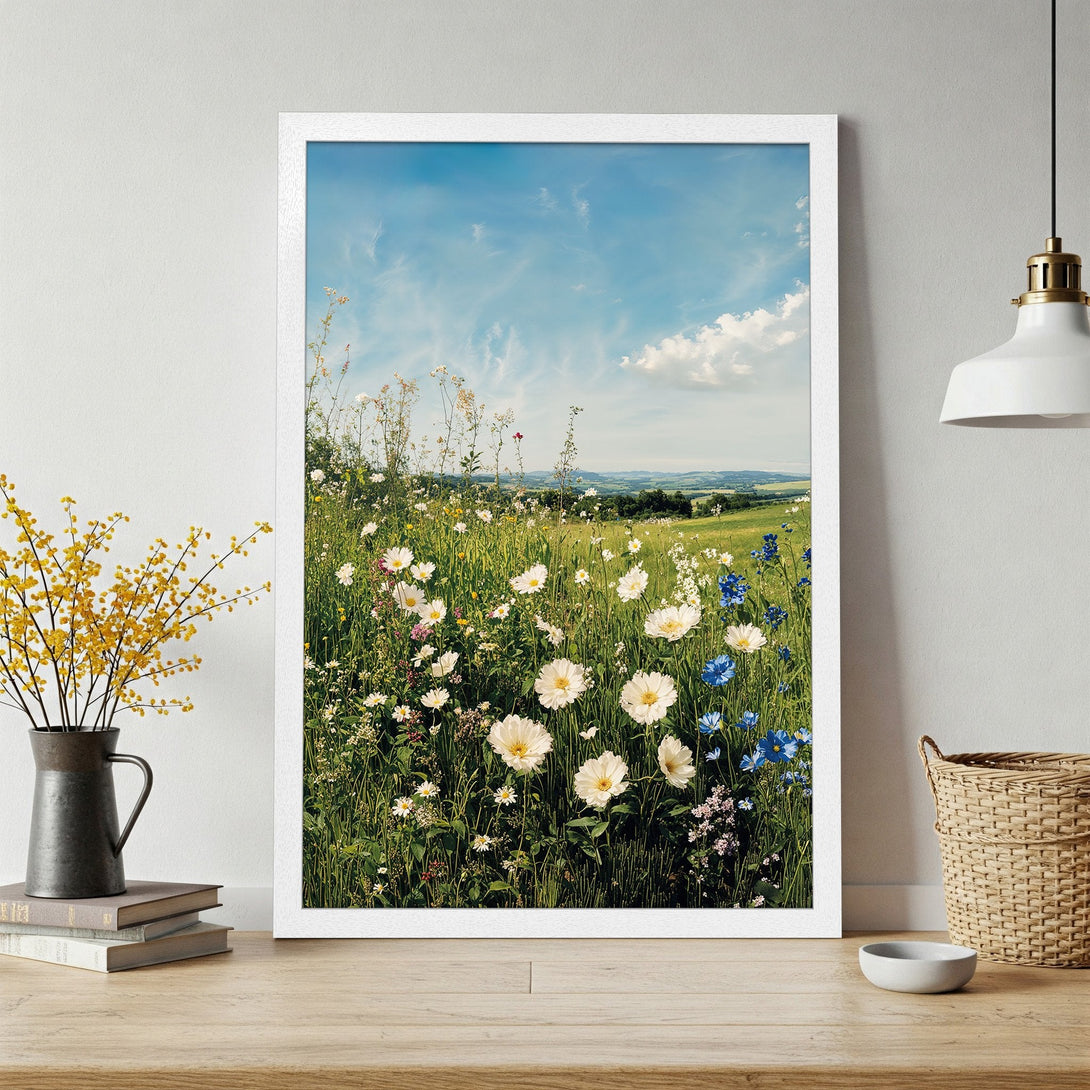 Framed Poster of a vibrant wildflower meadow under a blue sky. Rustic style, featuring green, white, blue, and yellow hues. Perfect wall art!