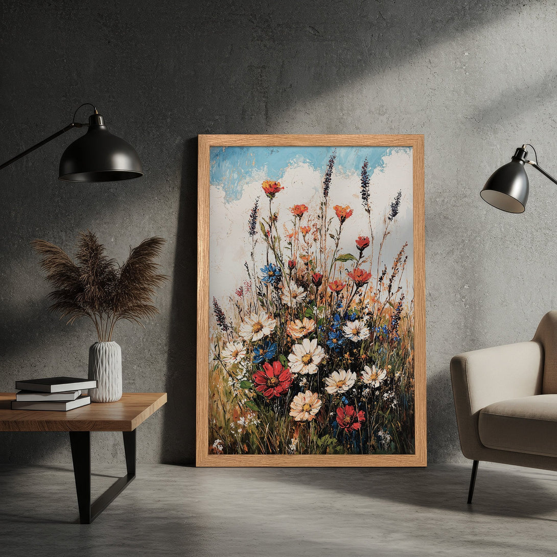 Framed Poster featuring a vibrant floral painting. Impressionistic style, colorful palette with blues, reds, and whites. Perfect wall art!
