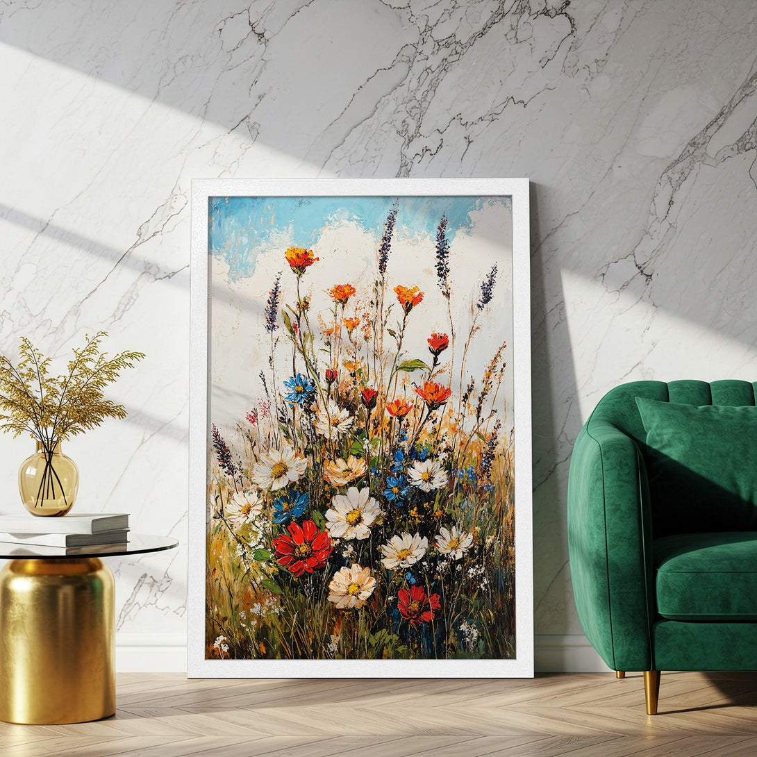 Framed Poster featuring vibrant wildflowers in an impressionist style with a warm, colorful palette. Perfect wall art for any room!
