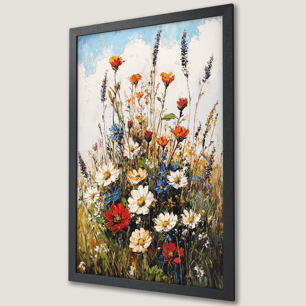 Framed Poster of a vibrant floral painting. Impressionistic style with a colorful palette of red, orange, blue, and white flowers.