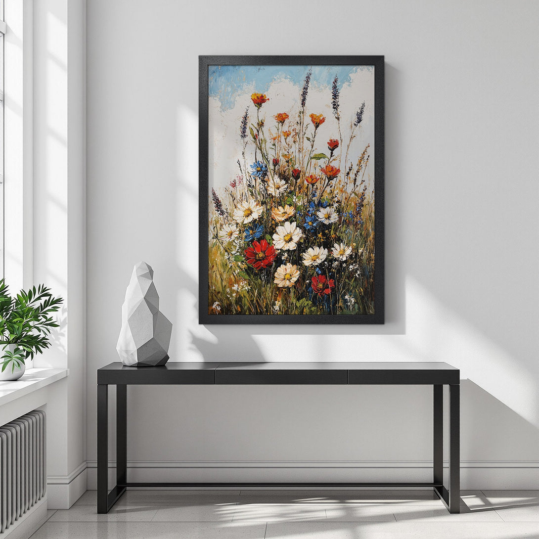 Framed Poster featuring vibrant floral artwork in a warm, colorful palette. Perfect wall art for a modern home!
