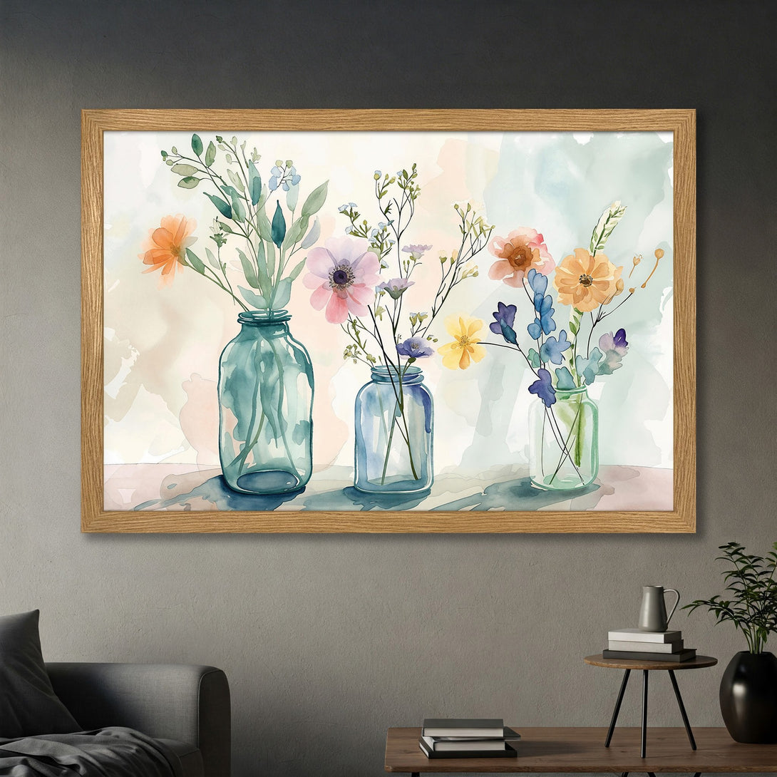 Framed Poster featuring watercolor flowers in vases, soft pastel colors. Perfect wall art for any room.