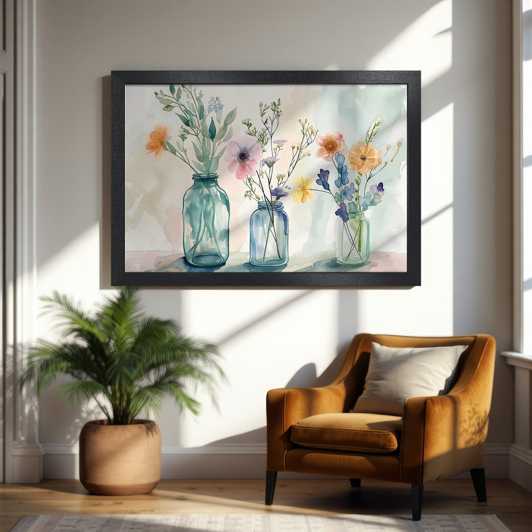 Framed Poster featuring watercolor floral art in soft pastel colors. Perfect wall decor for a calming, artistic touch.
