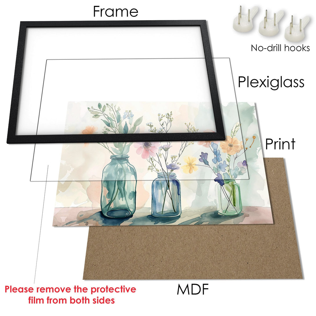 Framed Poster featuring watercolor flowers in vases. Soft, pastel color palette. Perfect wall art for a calming aesthetic.
