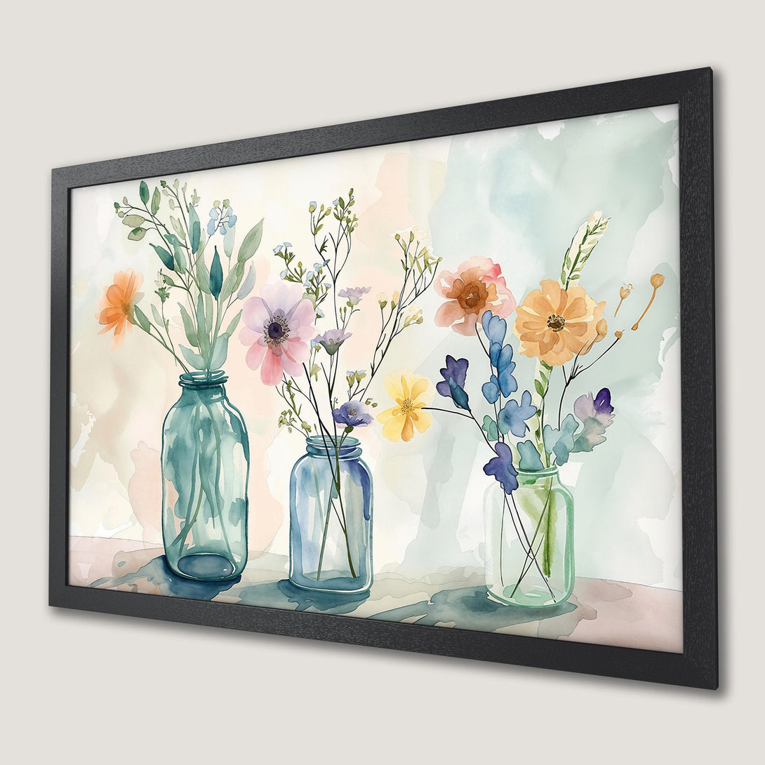 Framed Poster featuring watercolor flowers in vases, soft pastel palette. Perfect floral decor.
