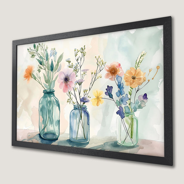 Framed Poster featuring watercolor flowers in vases, soft pastel palette. Perfect floral decor.