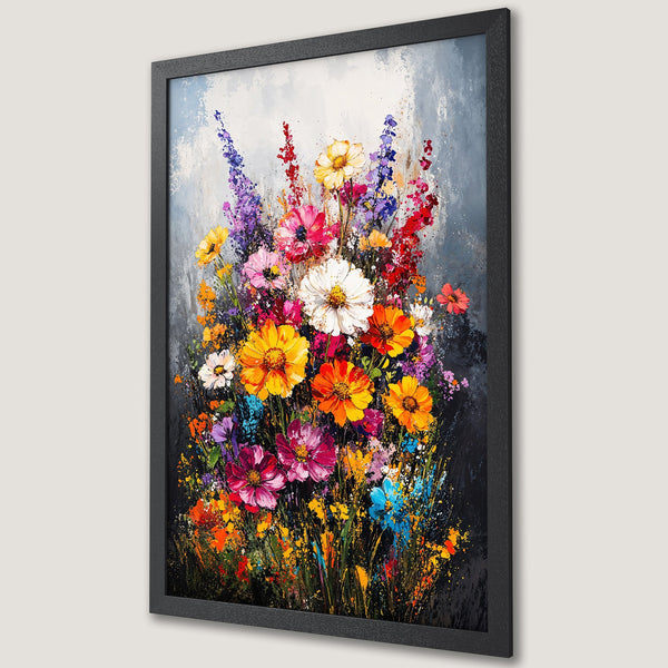 Framed Poster featuring a vibrant floral abstract painting with a colorful palette of yellows, reds, pinks, and blues. Perfect art for your home!