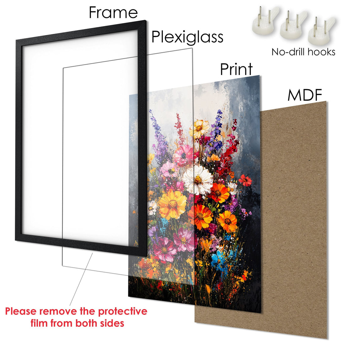 Framed Poster of colorful floral art. Vibrant abstract style with a warm, rich color palette. Perfect wall decor!