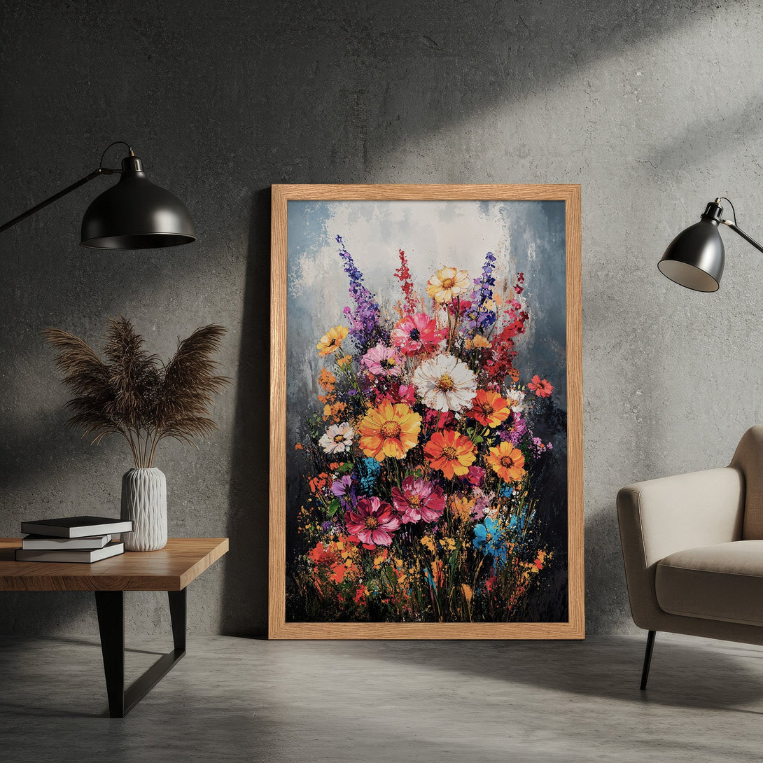 Framed Poster of vibrant floral art. Impressionistic style with a colorful palette of reds, oranges, yellows, and blues. Perfect wall decor!