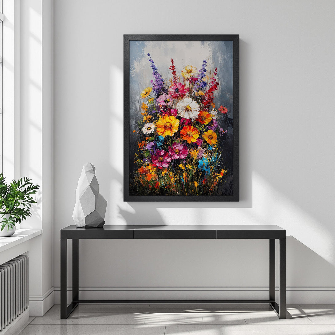 Framed Poster featuring a vibrant floral painting in a bold, colorful palette. Perfect wall art for any room!