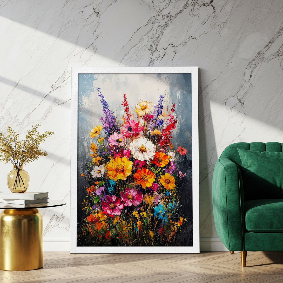 Framed Poster of vibrant floral art in a colorful palette. Elevate your space with this stunning piece!