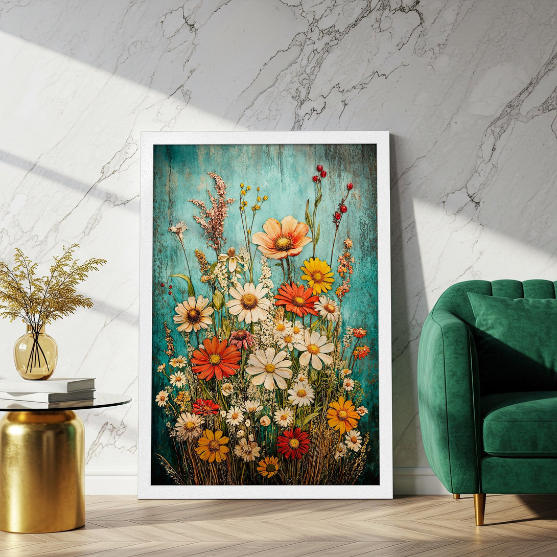 Framed Poster featuring vibrant wildflowers in a vintage style with a teal and warm color palette, perfect for home decor.