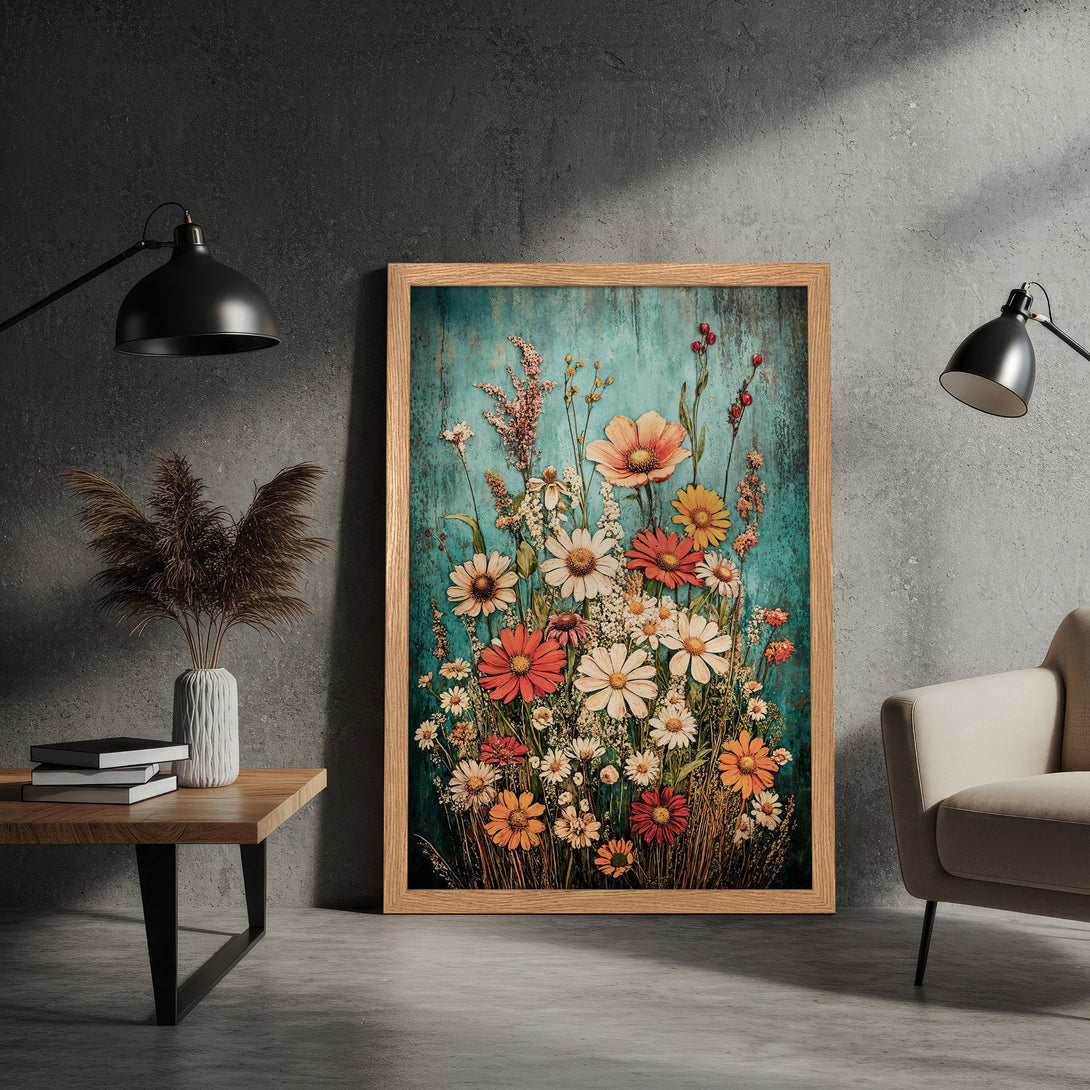 Framed Poster featuring vibrant floral art in warm tones against a teal background. Perfect for adding a touch of nature and style.