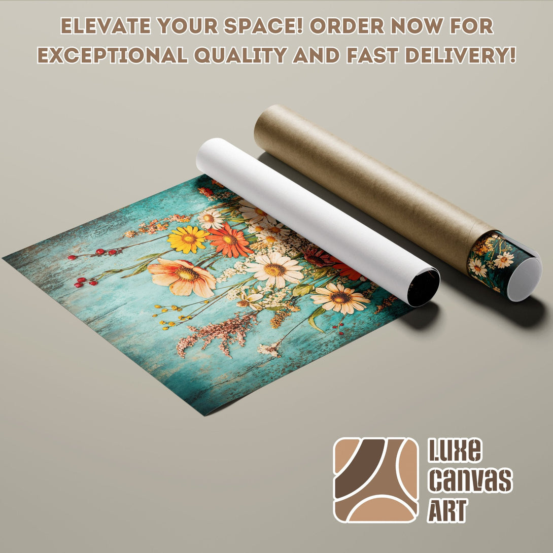 Floral Poster Roll with turquoise, orange, and brown color palette. Elevate your space with Luxe Canvas Art!