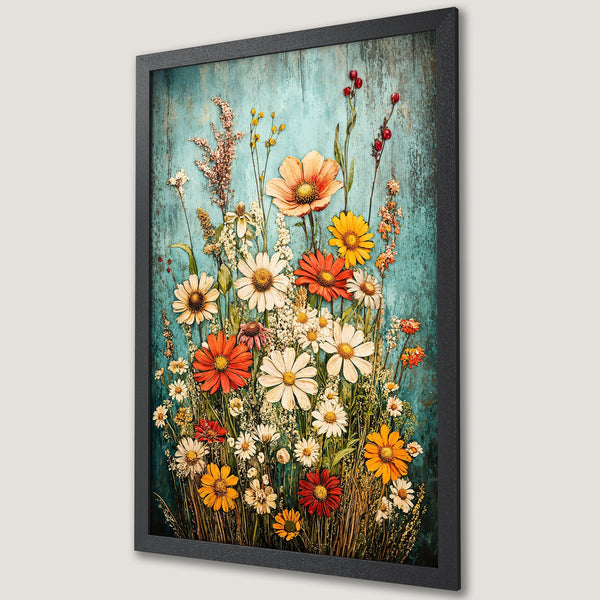 Framed Poster featuring a vibrant floral bouquet with a teal background. Artistic style, warm color palette. Perfect wall art.