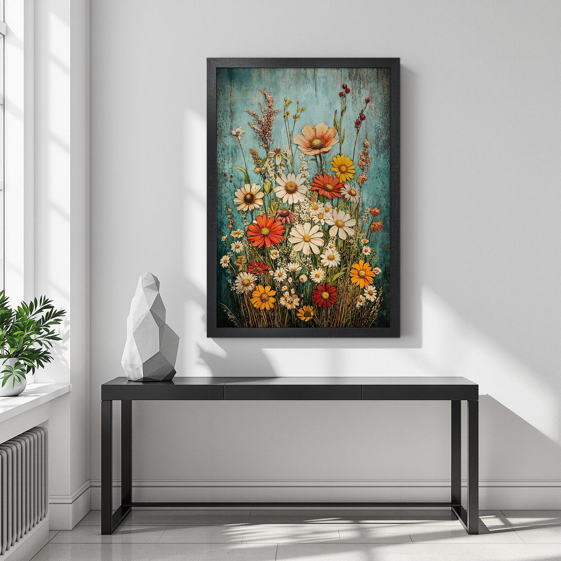 Framed Poster featuring vibrant floral art in a rustic style with a teal and warm color palette, perfect for home decor.