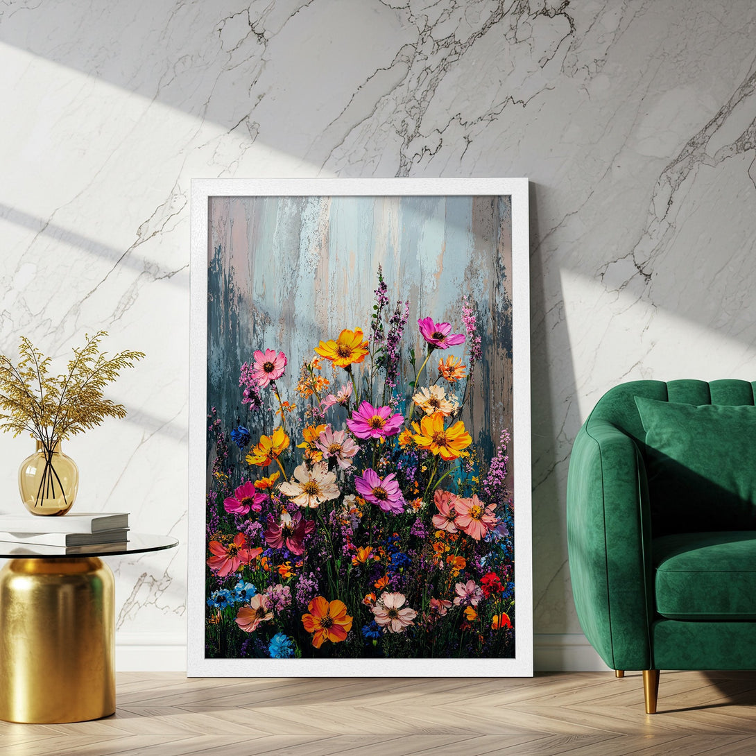 Framed Poster featuring vibrant floral art with a colorful palette. Perfect wall decor for a pop of color and style.