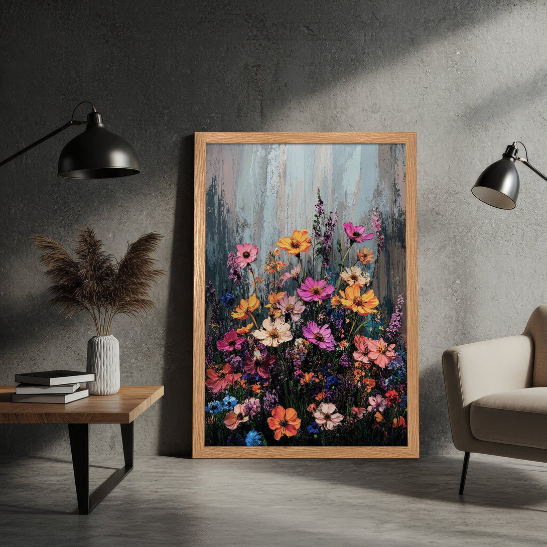 Framed Poster featuring vibrant floral art. Impressionistic style with a colorful palette of pinks, oranges, and blues. Perfect wall decor!