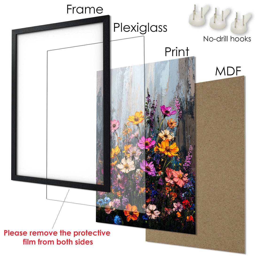 Framed Poster featuring vibrant floral art. Modern style with a colorful palette of pinks, yellows, and blues. Perfect wall decor!