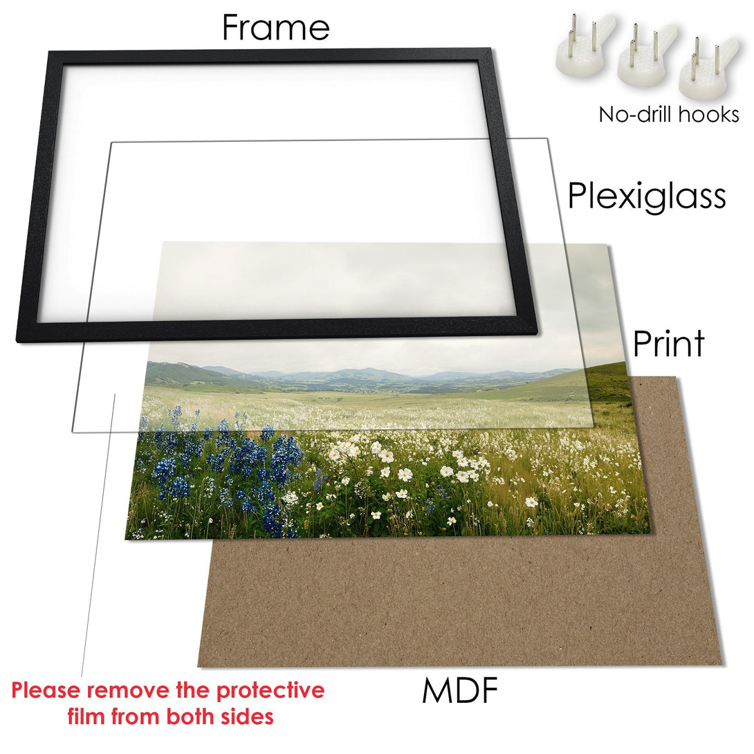 Framed Poster featuring a vibrant field of wildflowers. Nature-inspired art with a soft, earthy color palette. Perfect for any home!