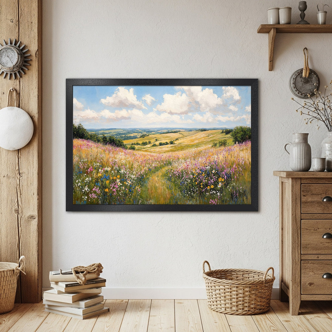 Framed Poster of a vibrant landscape painting. Impressionistic style with a warm color palette of blues, greens, and yellows. Perfect wall art!