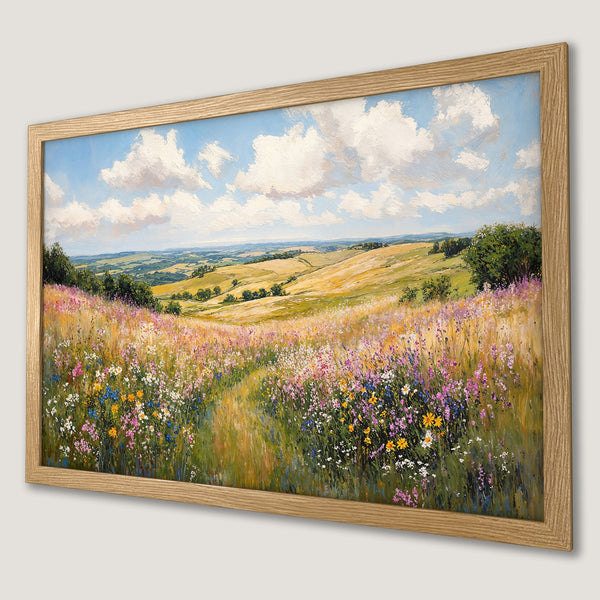 Framed Poster of a vibrant landscape painting. Features wildflowers, rolling hills, and a blue sky. Earthy tones with pops of color.