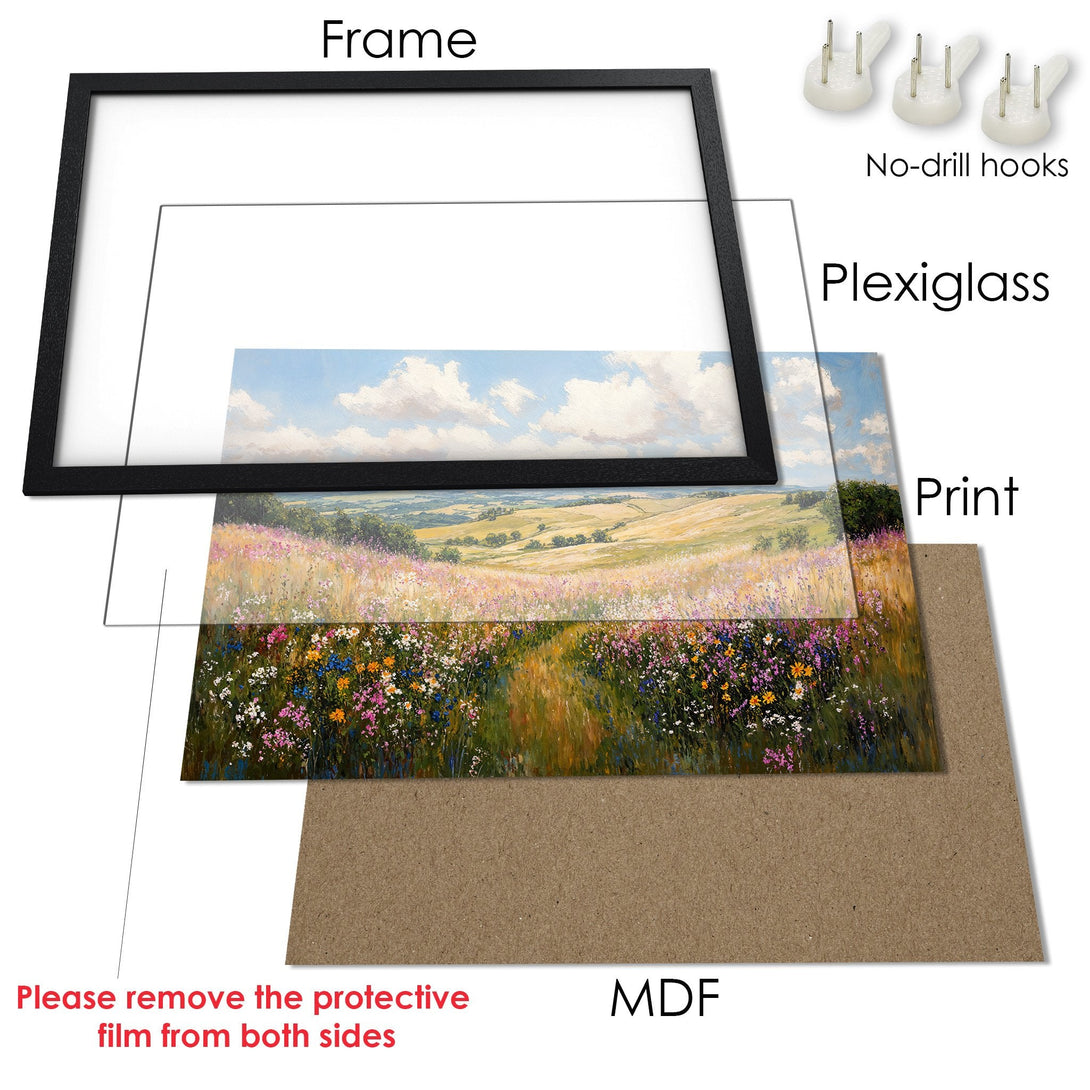Framed Poster of a vibrant landscape painting. Features a black frame, with a colorful palette of greens, blues, and pinks. Perfect wall art!
