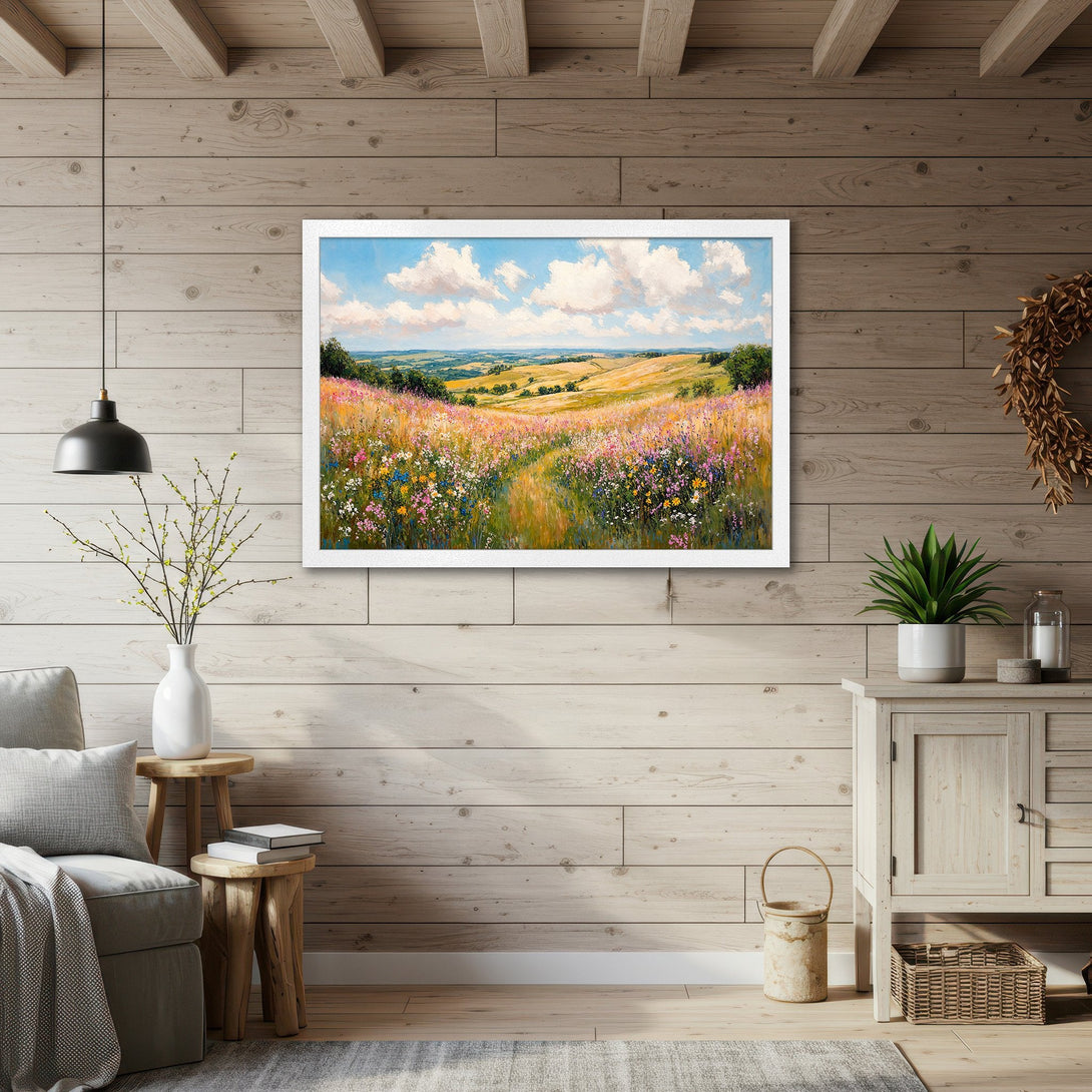 Framed Poster of a vibrant landscape painting, featuring a colorful field under a blue sky. Impressionistic style with warm, inviting colors.