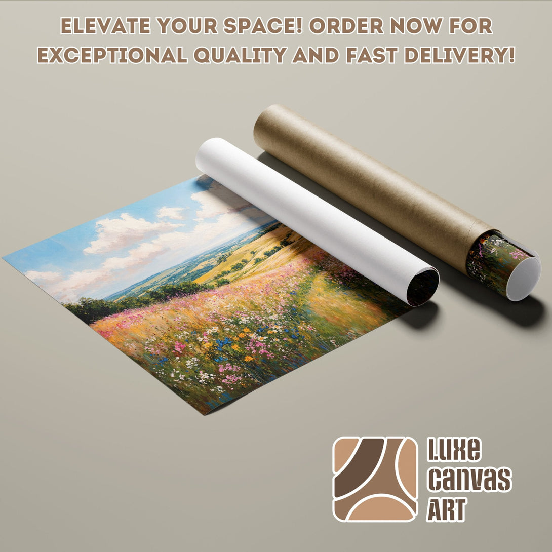 Poster Roll featuring a vibrant landscape painting with a colorful floral meadow, blue sky, and green hills. Warm color palette.
