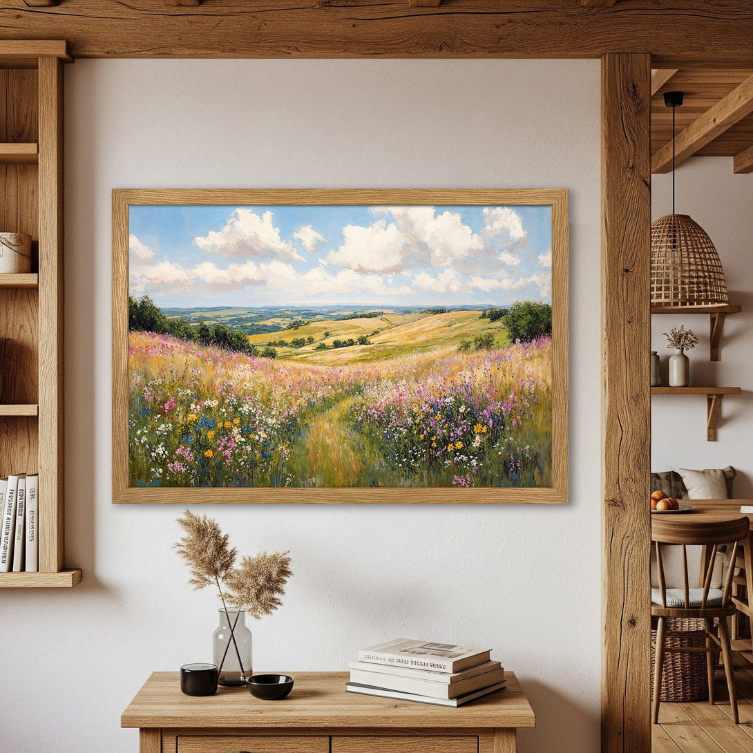 Framed Poster of a vibrant landscape painting. Impressionistic style with a warm color palette of blues, greens, yellows, and pinks. Perfect wall art!