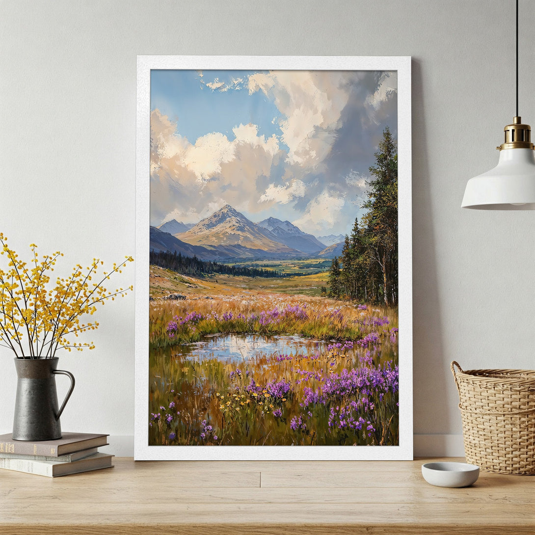Framed Poster featuring a mountain landscape painting in a painterly style with a vibrant palette of blues, greens, and purples. Perfect wall art!