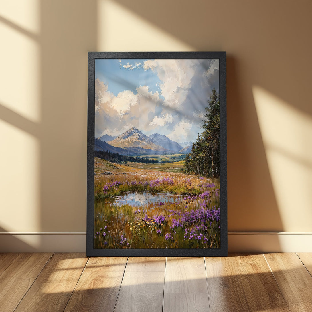 Framed Poster: Mountain landscape art print with purple flowers, impressionistic style, and a natural color palette. Perfect wall decor!