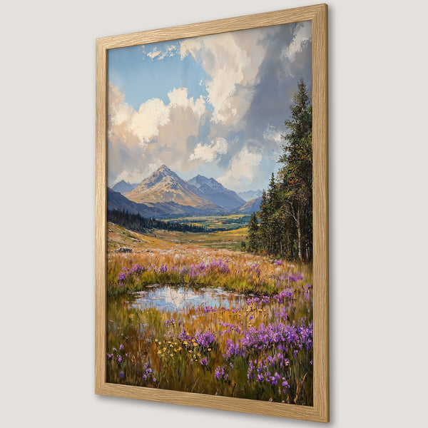 Framed Poster of a mountain landscape in impressionist style with a vibrant color palette of blues, greens, and purples. Perfect wall art!