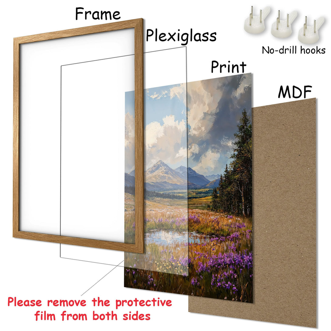 Framed Poster featuring a landscape painting with mountains, fields, and a vibrant color palette. Add art to your home today!
