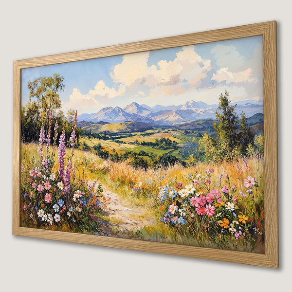 Framed Poster of a vibrant landscape painting, featuring wildflowers and mountains. Impressionistic style with a warm, colorful palette.